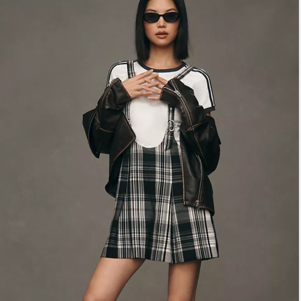 Anthropologie eve Suspender Pleated plaid Romper